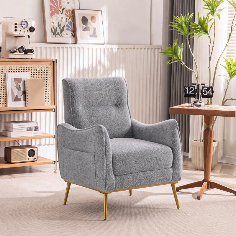 Fauteuil d'appoint à dossier haut de 28,9 po de largeur, fauteuil rembourré avec poche latérale, pieds en métal doré pour la chambre à coucher du salon