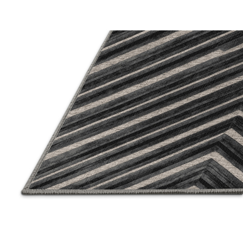  Tapis lavable rayé gris foncé argenté, Rond 4 pi