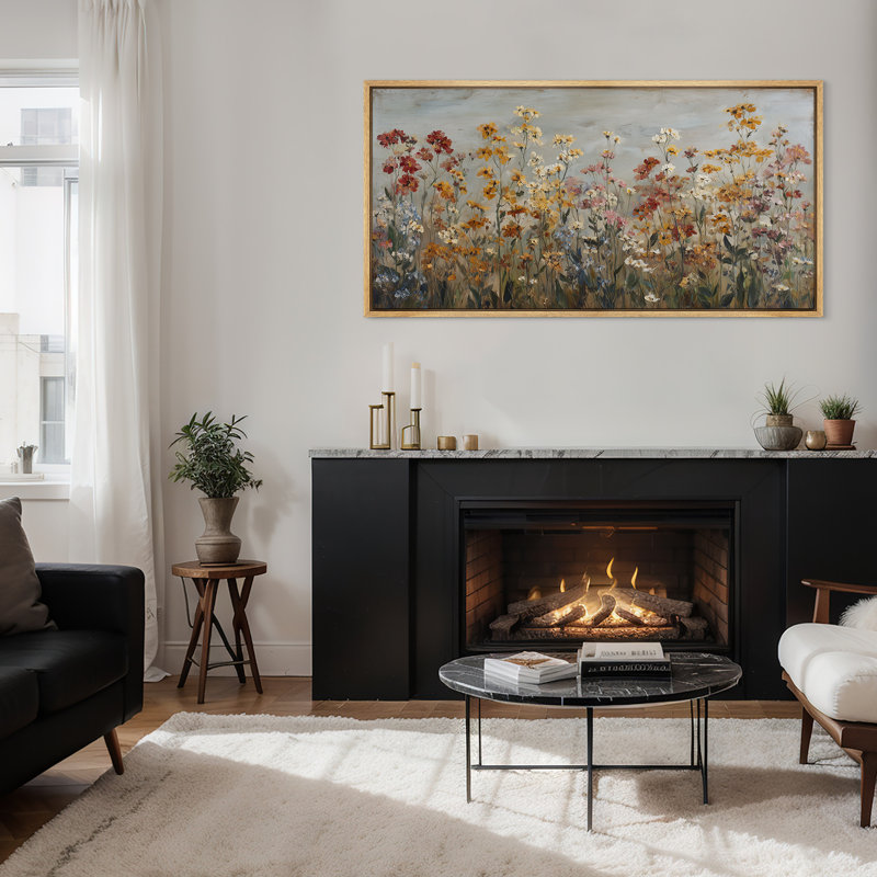 «Autumn Wildflowers and Meadow Landscape in Warm Earthy Palette», reproduction d'art sur toile encadrée, Naturel