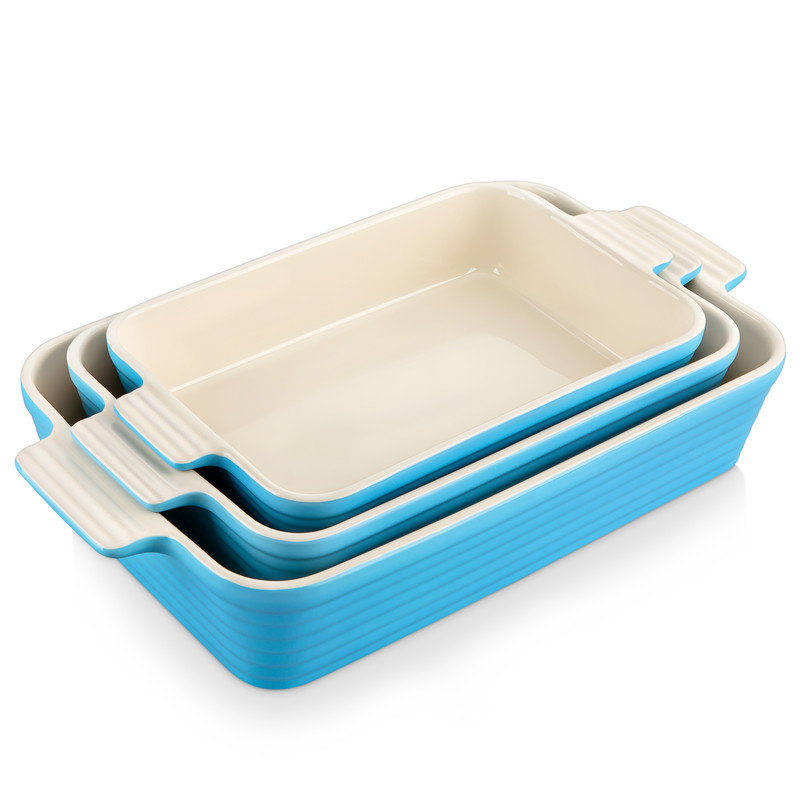 3-Piece Set Of Ceramic Baking Pans,Rectangular Baking Dish Set, Blue