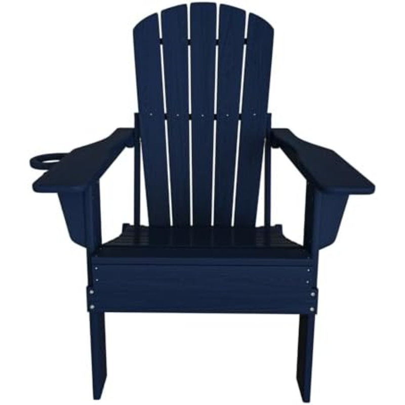Folding Adirondack Chair, SGS Tested, Wooden Textured With Cup Holder, Heavy All-Weather HDPE Comfortable Set Poolside Backyard Lawn Navy Blue