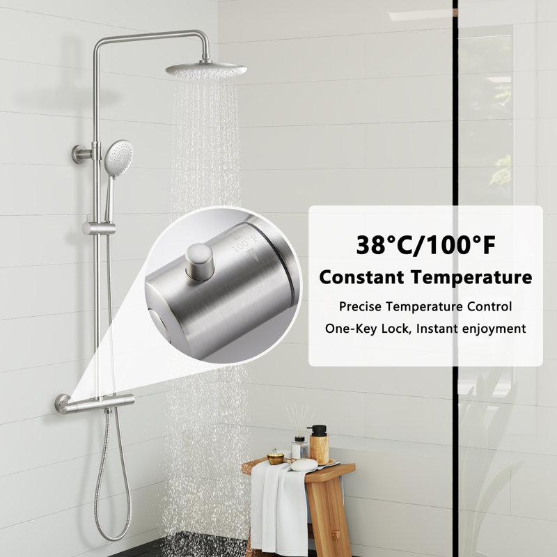 Brushed Nickel Wall Mounted Rain Shower System with Handheld