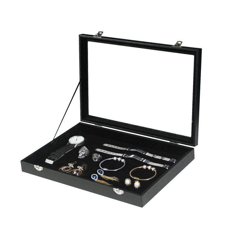 Boîte à bijoux, plateau de présentation en velours noir avec couvercle pour colliers, bracelets, bagues, perles et accessoires de bijoux