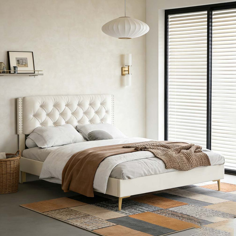 Structure de lit en velours, Beige, Lit double