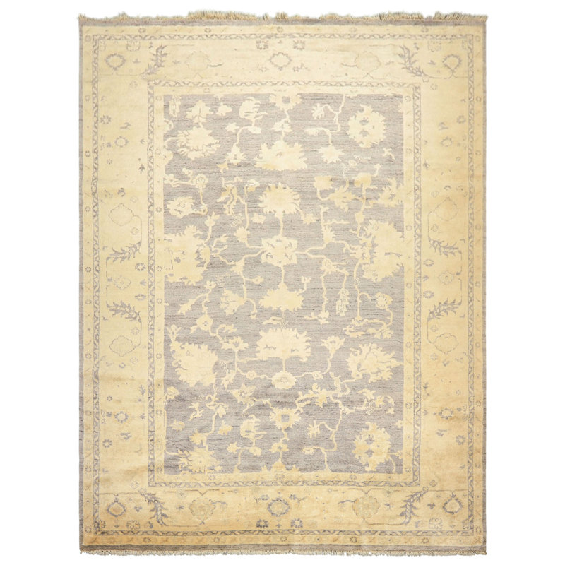 Tapis gris ivoire en laine noué à la main 9 pi 1 po x 11 pi 10 po Oushak