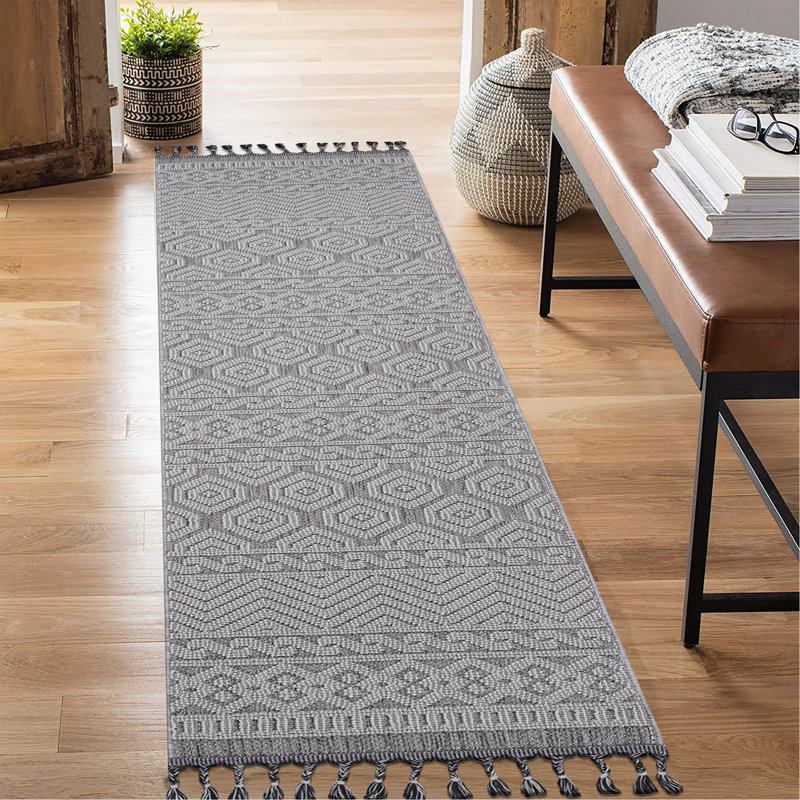 Tapis d'intérieur / extérieur gris / blanc / géométrique Collection, Tapis de couloir 2 pi 2 po x 8 pi