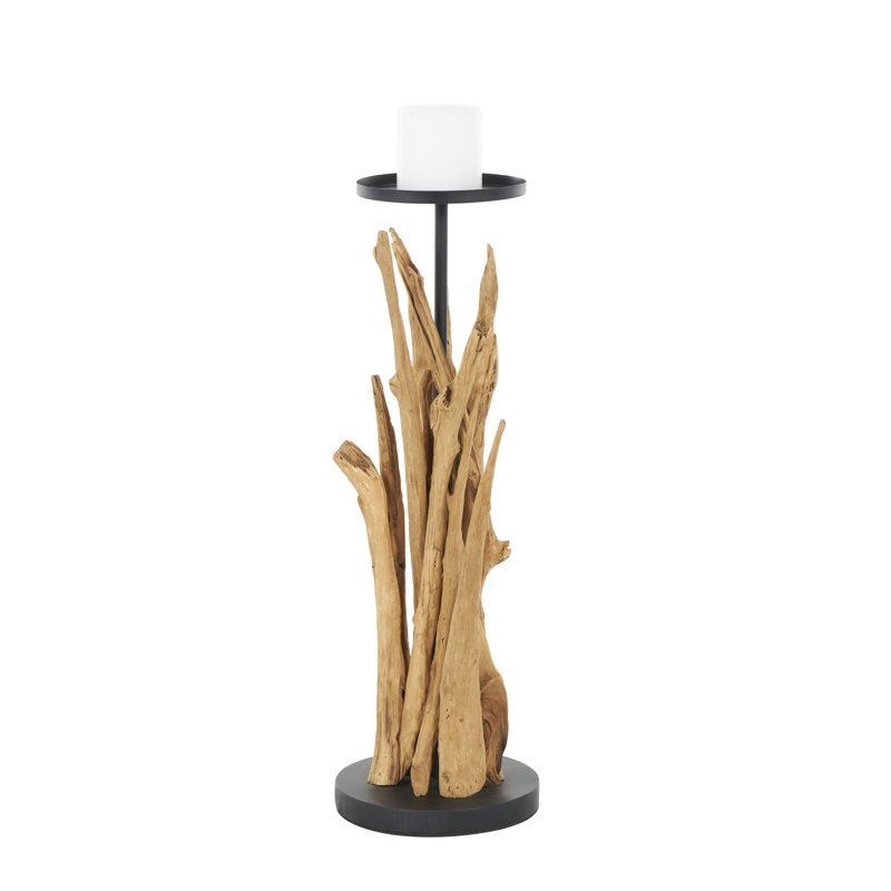 Teak Wood Handmade Tall Tree Branch Floor Decorative Brown Candle Holder with Black Metal Accents