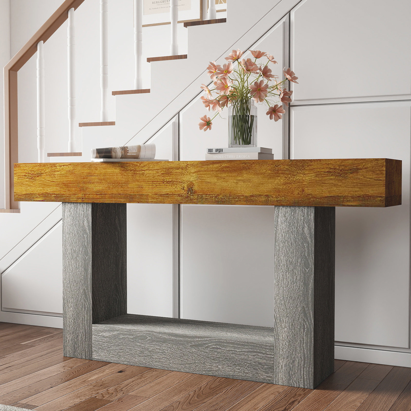 Ophelia & Co. Vintage Brown 63 Inch Farmhouse Console Table 2-Tier U ...