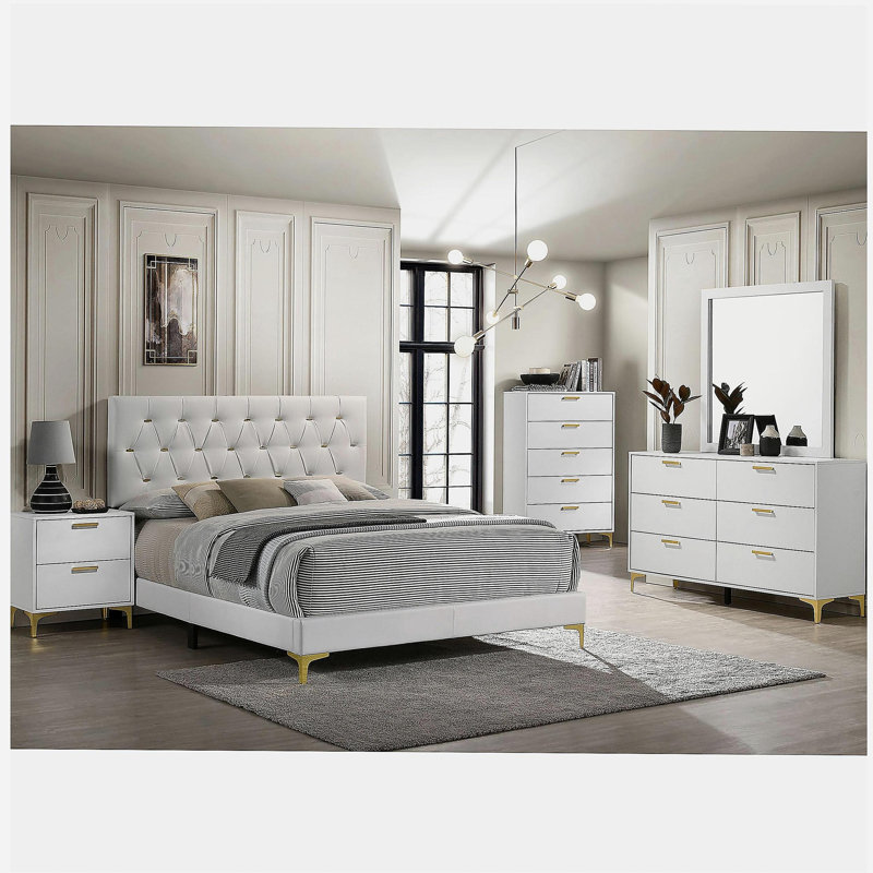 White and Gold 2-Drawer Rectangular Nightstand, White