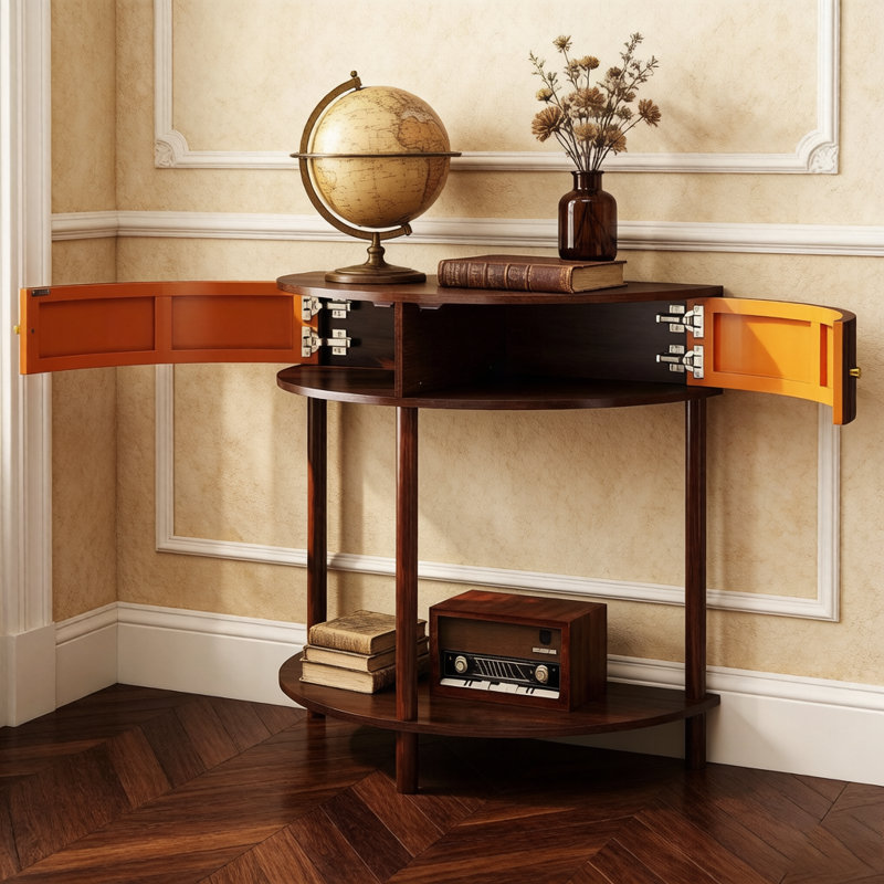 Console en rotin avec placard et étagère inférieure, style bohème demi-lune, idéale pour une entrée, un salon ou une chambre, marron