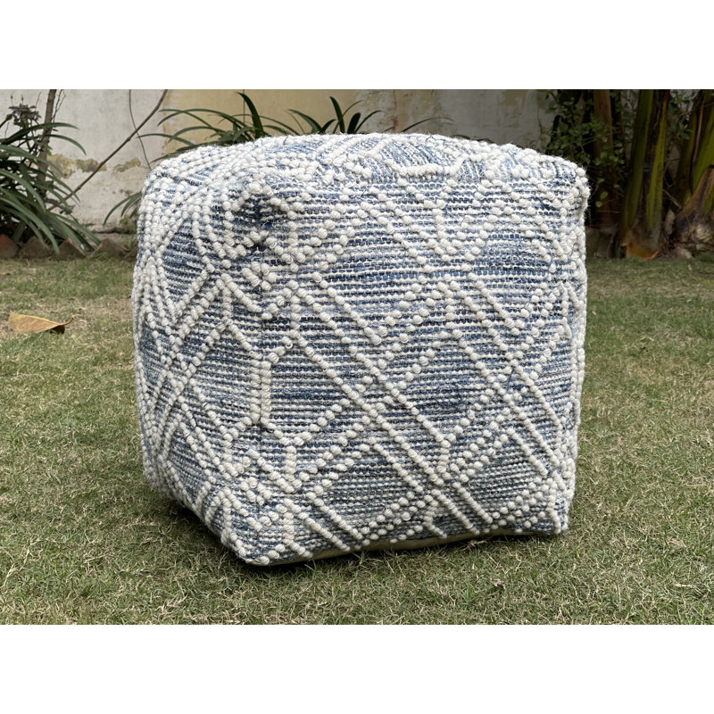 Upholstered Pouf, Ivory/Denim Wool