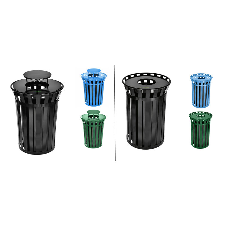 Alpine Industries Metal Outdoor Trash Can with Rain Bonnet Lid 38-Gallon Black/Green (479-38-1-grn)
