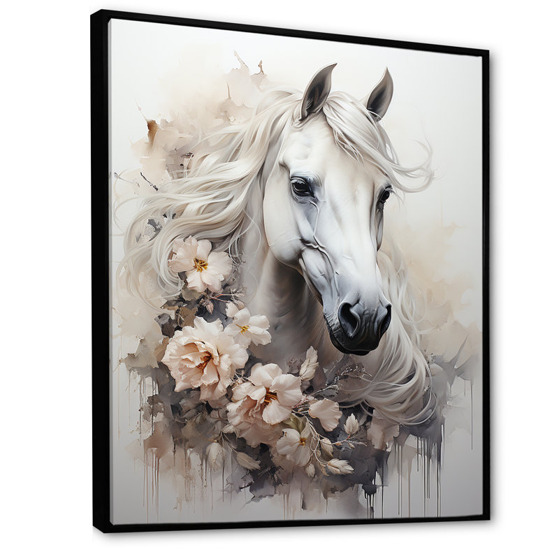 Fleur majestueuse, cheval I - art mural cheval, Cadre flottant noir, H 44 po x l 34 po x P 1,5 po