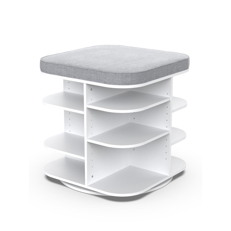 White Rotating Shoe Storage Bench with Gray Cushion
