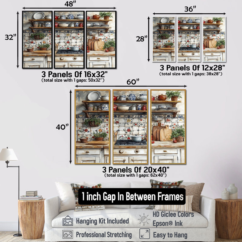 Country Kitchen Rustic Dream II - ensemble de reproductions d'art mural de cuisine, Toile avec cadre flottant noir