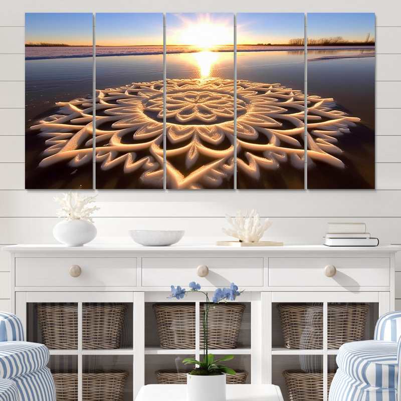 Mandala majestueux sur la plage au coucher du soleil II - reproduction d'art mural plage - 5 panneaux égaux