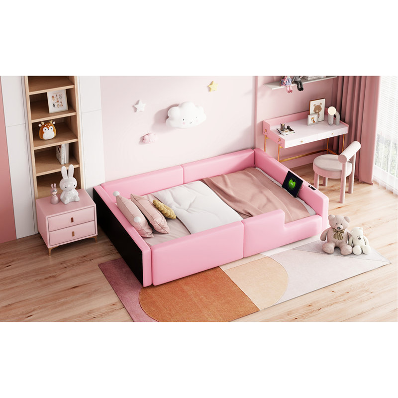 Lit simple rembourré rose avec barrière de sécurité et fonction de charge
