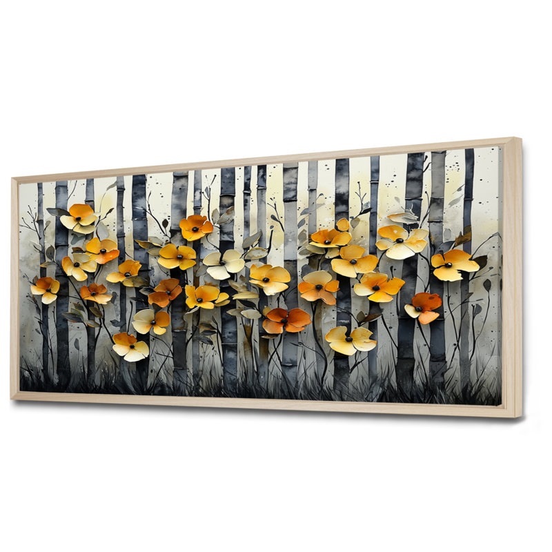 «Geometric Bambo Forest Horizon II», art mural en bambou, H 28 po x l 60 po, Cadre flottant, Crème, crème