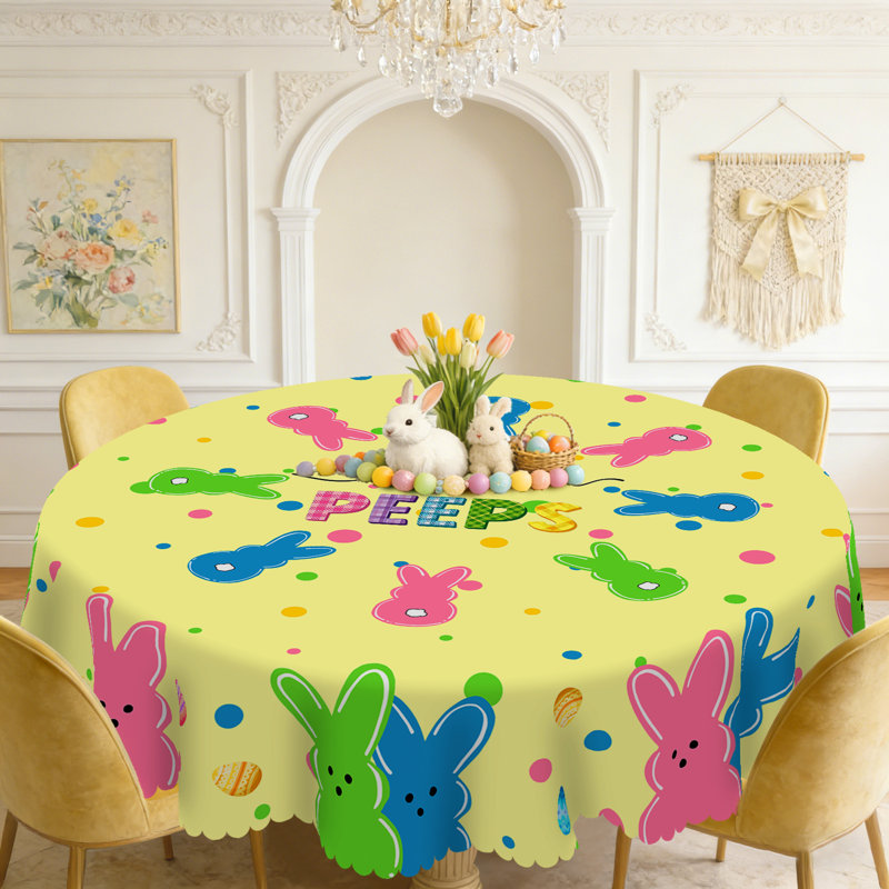 Bright Easter PEEPS Bunny Tablecloth - Vibrant Polka Dot & Colorful Rabbit Printed Fabric Cover, Washable Round Tablecloth for Easter Gatherings, Kitchen Dining | Festive "Happy Easter" Themed Table Decor, Fits Dining Tables