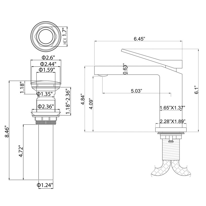 Robinet de lavabo pour salle de bain à poignée simple en laiton massif 6 "Modern, Or brossé, Bonde incluse