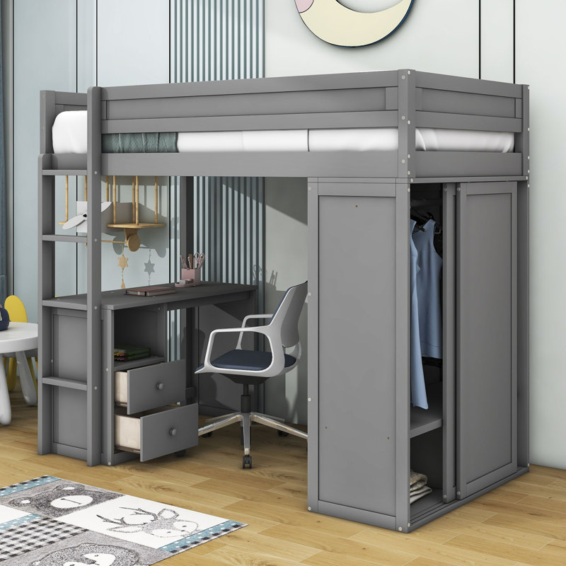 Lit mezzanine 2 tiroirs avec bureau intégré Helfrid, gris, Simple