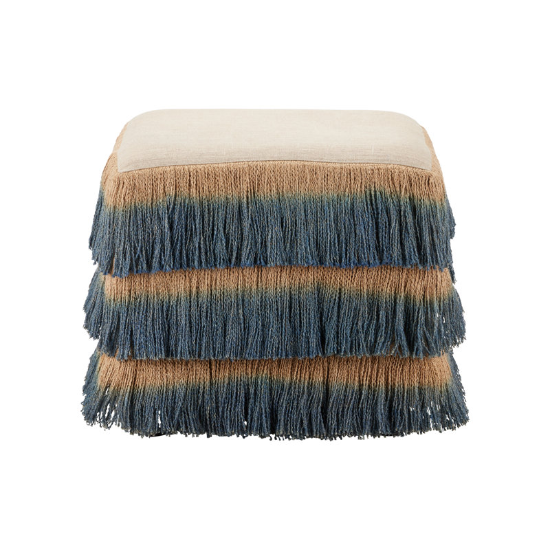Jute Fringe Ottoman, Indigo, Beige