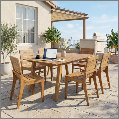 Ensemble de salle à manger 7 pièces pour l'extérieur, table de salle à manger en bois massif de 69 po et 6 chaises de salle à manger en bois d'acacia avec finition en teck, dossier incurvé ergonomique, résistant aux intempéries pour le jardin, la cour et le patio