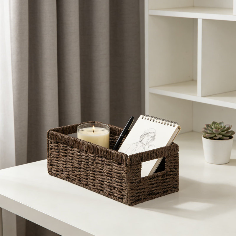 Handwoven Paper Rope Storage Basket Set, Foldable Wicker Organizer Bins With Handles For Bathroom Countertop, Toilet Tank, And Home Organization