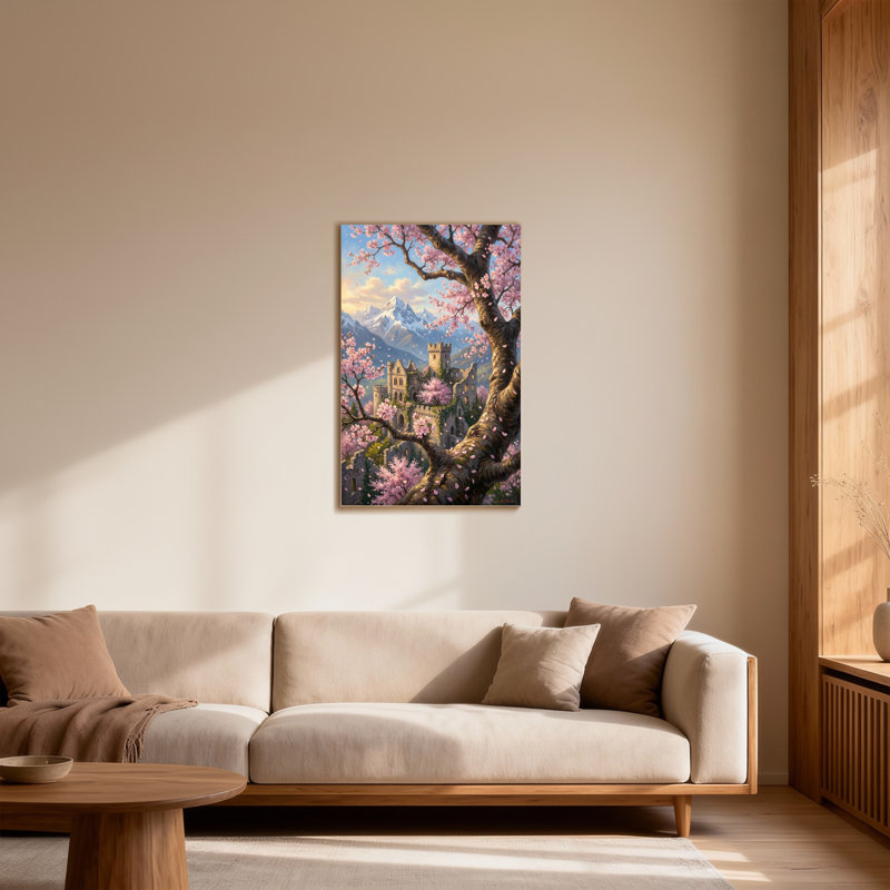 Plantes et fleurs, impression de paysage de paysage de montagne de château de fleurs de cerisier, H 40 po x l 28 po