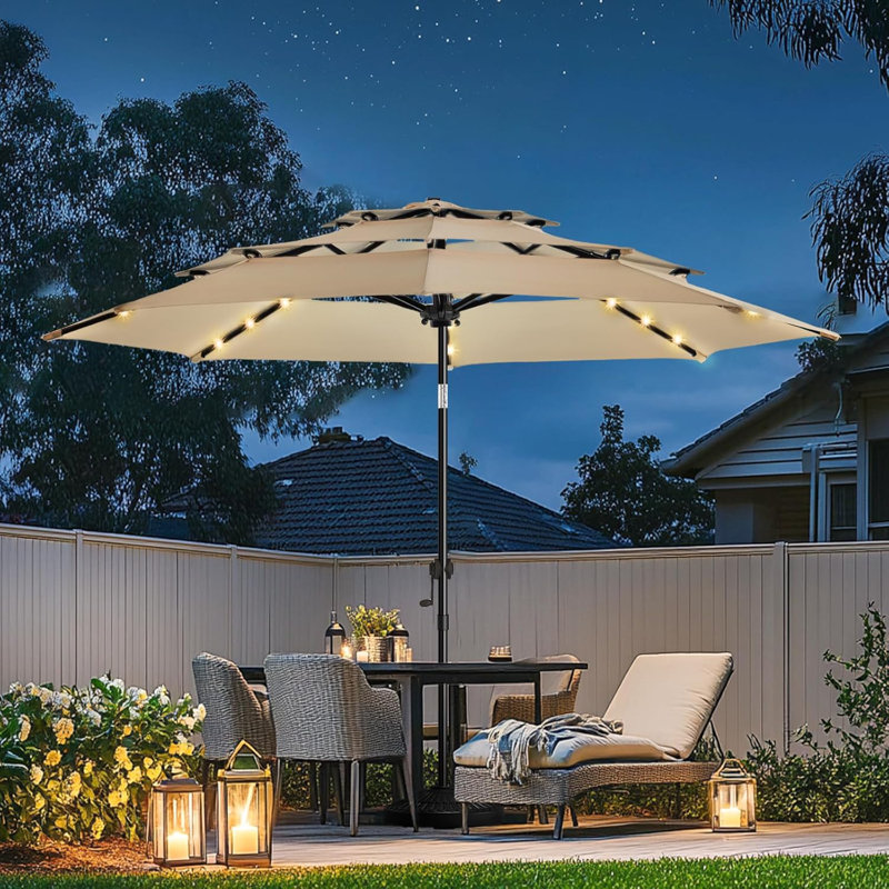 3-Tier Solar Led Lighted Market Patio Umbrella with Push Button Tilt, Navy, 100" H x 108" W x 108" D