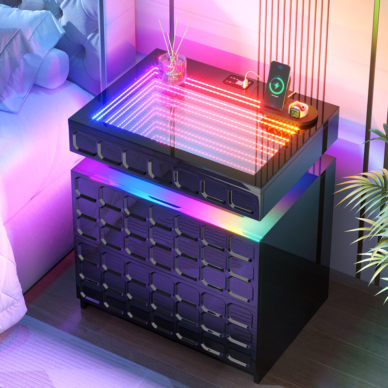 Ashten 19.7'' W Nightstand With 3D Mirror Abyss & Rgb Lighting, 2-Drawer Bedside Table With Hidden Storage And Human Sensor Light