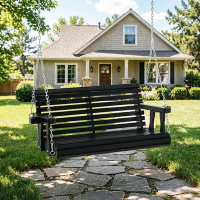 2 Person Wooden Porch Swing with Chains Outdoor Patio Swing Chair for Garden Poolside Backyard Black 440 Lbs Capacity
