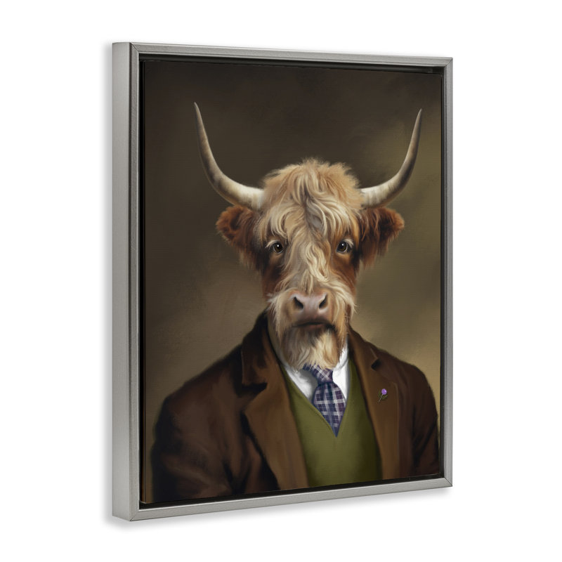 Cadre flottant Highland Cow Scottish Gentleman, design par Matthew Piotrowicz, H 31 po x l 25 po, Cadre flottant gris lustré