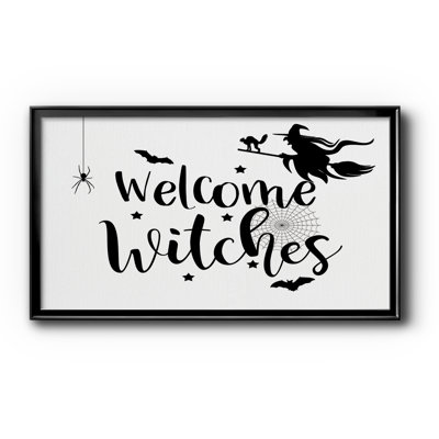 «Welcome Witches Halloween», art mural encadré sur toile - vacances de Noël, ouverture 16 x 32 dans un cadre noir, extérieur 19 x 35