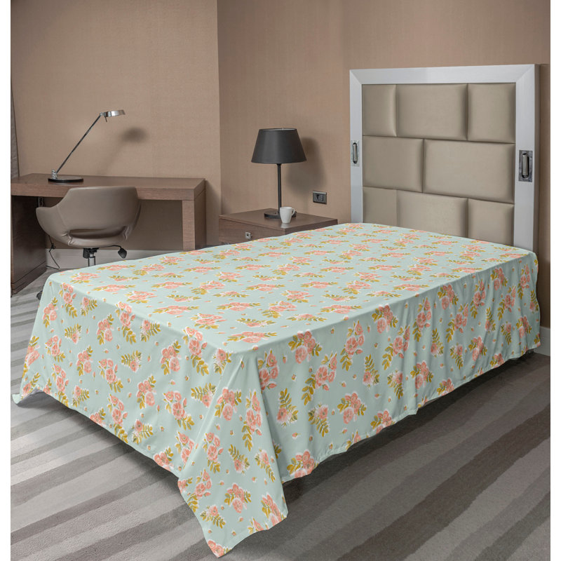 Drap plat moderne de style bohème Ambesonne, Saumon / jaune terre / motif floral blanc 1, Drap plat pour lit simple