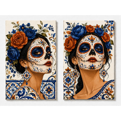 Extra-Large Set of 2 Talavera Inspired Sugar Skull Woman Wall Art Blue Orange Floral Mexican Decor for Bedroom 24x36 Inch Canvas Print - Ready to hang