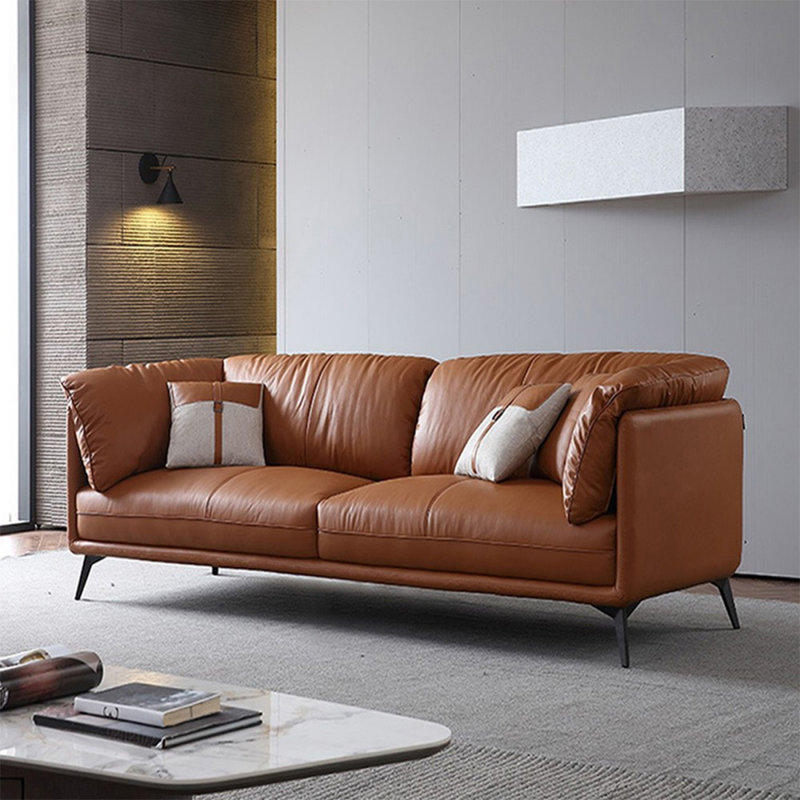 Causeuse coussin orange en cuir véritable, H 33,46 po x l 82,68 po x P 37,4 po