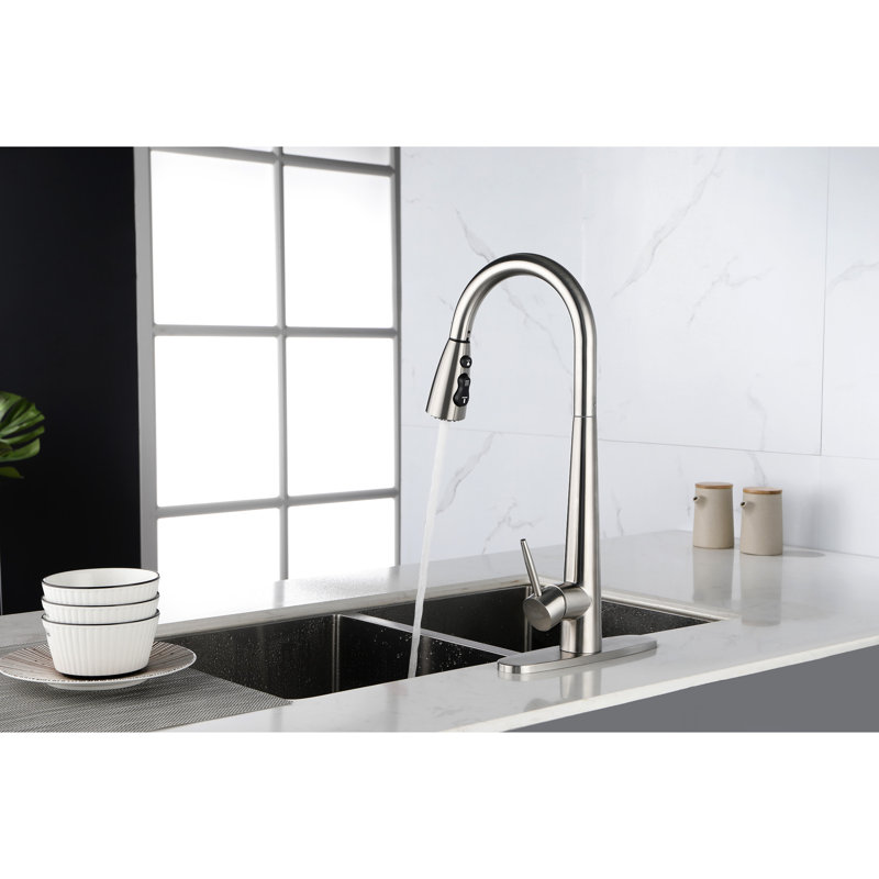 Stainless Steel Pull Down Kitchen Faucet With Deck Plate - Brushed Nickel, High Arc Single Handle, Contemporary Appeal Modern In Nickel Steel, Installation