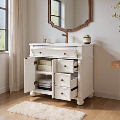 Armoire de meuble-lavabo 36 po avec colonne romaine, lavabo de style campagnard, poignées en métal, rangement autoportant