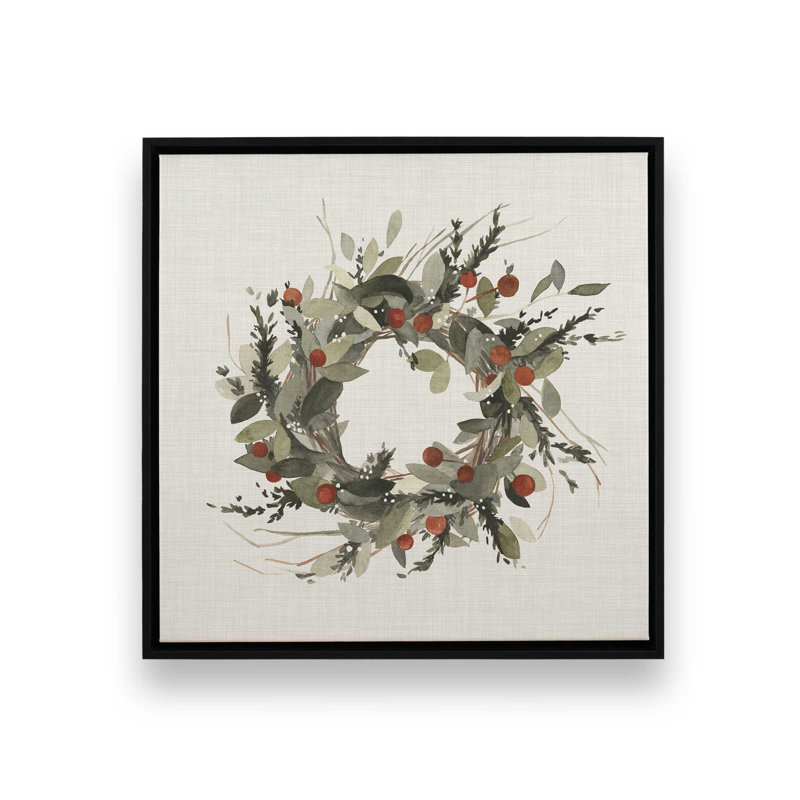 «Holiday Wreath with Berries I», reproduction sur toile dans un cadre poli, Cadre noir, H 12,75 po x l 12,75 po x P 1,75 po