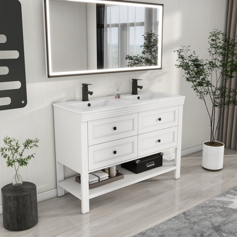 Sharee 48“ Double Sink Bathroom Vanity With Resin Countertop, Zinc Alloy Faucet, 4 Smooth Drawers 1 Open Shelf, White