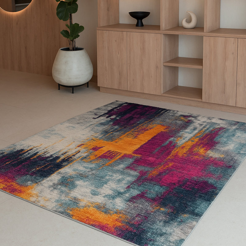 Tapis de couloir abstrait gris ivoire et magenta Comfort, Rectangle 3 pi 9 po x 5 pi 6 po