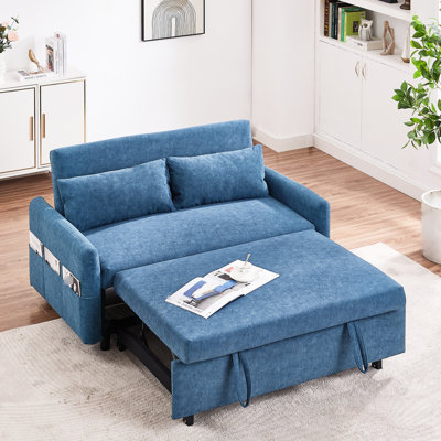 55.1" Bed With 2 Soft Pillows & - Blue For Bedroom, Living Room, Apartment Pull Out Adjustable Ports Home Storage Pockets,