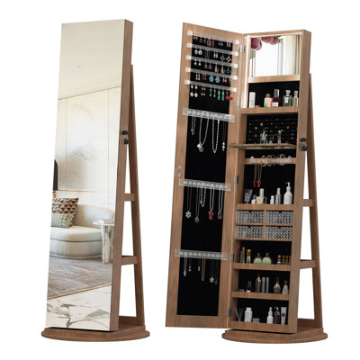 Armoire à bijoux avec miroir pleine longueur, organisateur d'armoire pour bijoux pivotant sur 360 ° verrouillable, avec tablettes de rangement arrière, miroir intérieur éclairé, miroir pour femme avec rangement