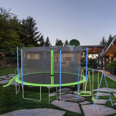 Trampoline de 14 pieds avec glissade et balançoires, grand trampoline récréatif approuvé par l'ASTM avec panier et échelle de basketball, trampoline de jardin extérieur avec filet, capacité pour enfants et adultes