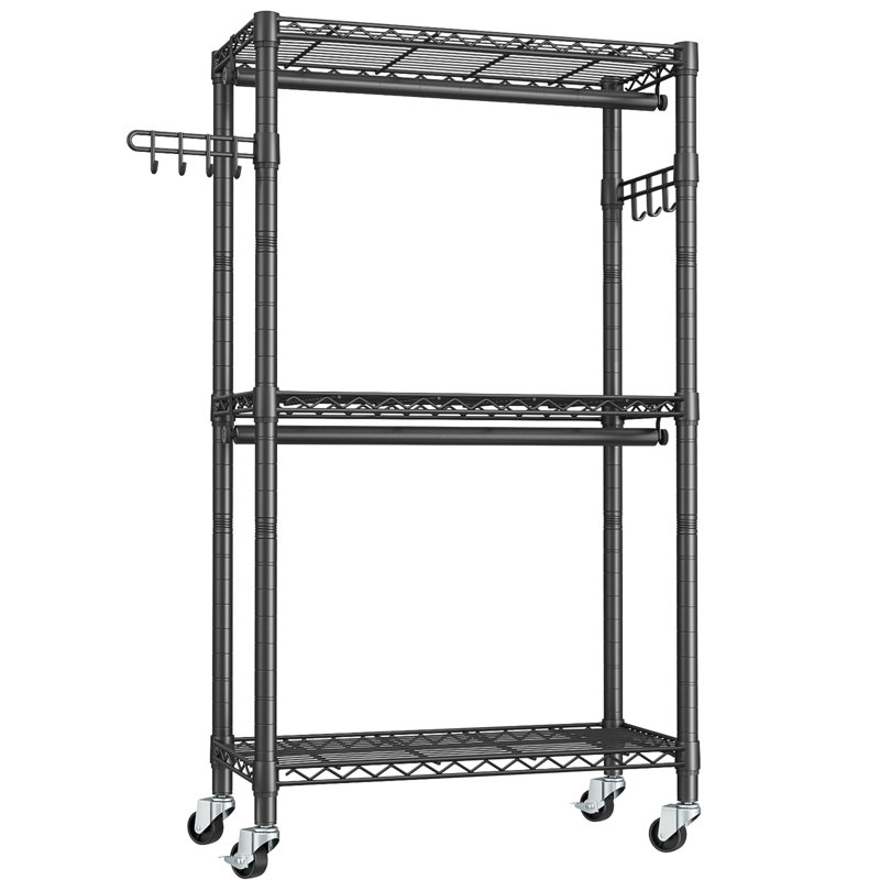 Portant à vêtements robuste avec tablettes à 3 niveaux réglables, tiges doubles et crochets latéraux
