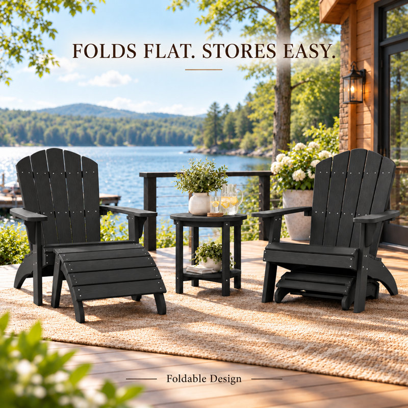 Foldable HIPS Outdoor Adirondack Ottoman, Weather Resistant Footrest for Patio Porch Balcony, Black