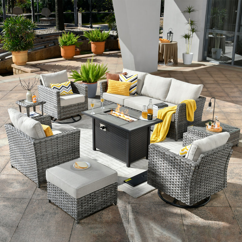 Ensemble de conversation d'extérieur en rotin avec foyer et coussins 10 pièces, Beige