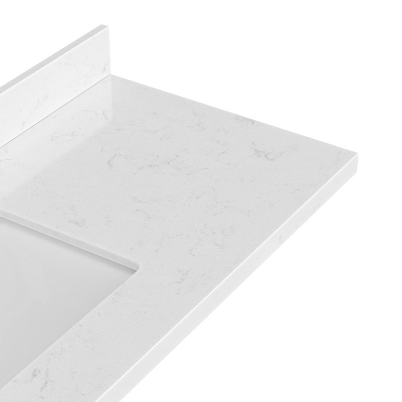 Comptoir de salle de bain en quartz blanc Carrara de 54 po Ariel avec rebord à onglet de 1,5 po d'épaisseur avec lavabo simple rectangulaire et dosseret inclus
