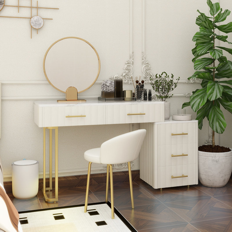 Velvet Upholstered Vanity Desk With Chair, Vanity Set With 5 Big Drawers, Makeup Table With Padded Chair, Marble-Look Sticker Top Dressing Table With Left/Right Adjustable Storage, White